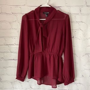 Forever 21 Burgundy Long Sleeve Sheer Blouse w/Neck Tie